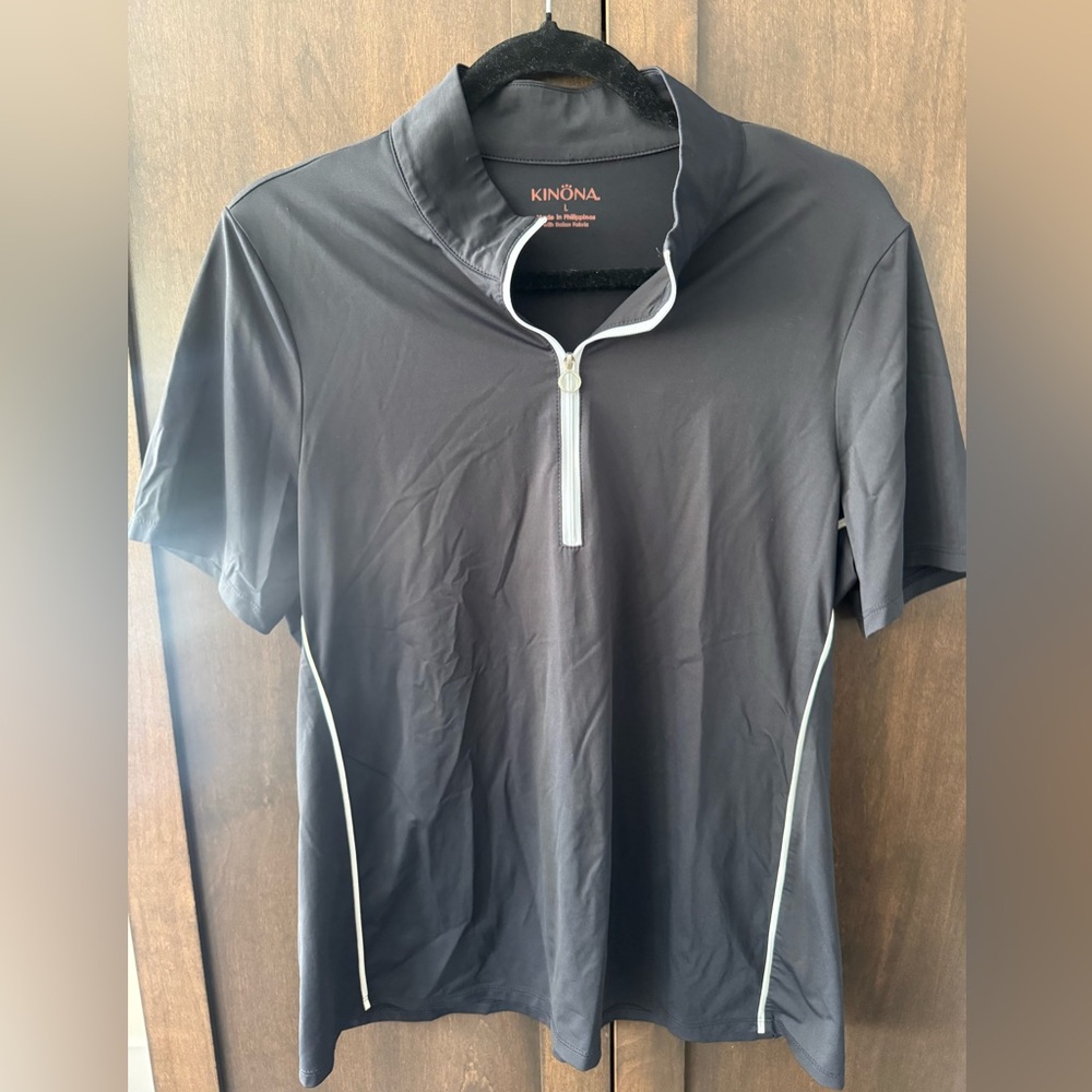 Kinona Golf Polo Black White Fitted Short Sleeve Tee Athletic Tennis Tops Sz L